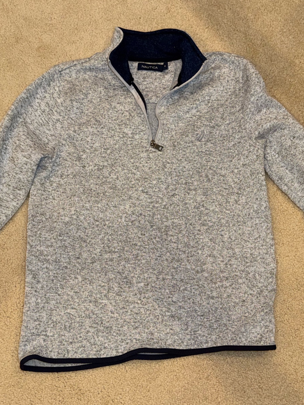 Nautica Light Gray Heather Quarter-Zip Sweater with Navy Trim